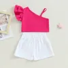 Ensembles de vêtements pour petites filles, 2 pièces, tenues d'été, manches à volants, bretelles asymétriques, hauts et shorts, ensemble de vêtements pour enfants