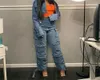 Kadın Kot Patchwork Kargo Pantolon Cepleri Yıkamak Orta Bel Fermuar Kış 2024 Hafif Strech High Street Loose
