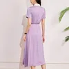 Feestjurken Vintage Voor Vrouwen 2024 Zomer Elegante Turn-Down Kraag Korte Mouw Paars Dot Print Dameskleding Lange jurk A-lijn