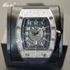 Missfox 2021 새로운 도착 Tonneau Men Watches Iced Out Full Diamond 고무 스트랩 시계 중공 다이얼 디자인 럭셔리 스포츠 남성 시계 203x