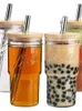 Mugs 24oz Bamboo Mason Glass Cup Straw Cap Beer Cold Drink Beverage Juice