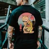 Carto anime samurai katt tryckt t-shirt för män utomhus hiphop harajuku vintage kläder casual o-hals lös kort ärm tees s9a0#