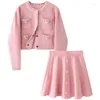 Work Dresses Elegant Small Fragrance Knitted 2-Piece Set Women's Spring And Autumn Pearl Decoration Outfit Short Cardigan Pleated Skirt