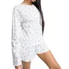 Vêtements de nuit pour femmes Femmes Y2K 2 pièces Pyjama Set Mignon Floral Volant à manches longues T-shirt Bouton Haut et short PJS Sleep Loungewear