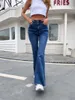Damenjeans Mode Stretch für Frauen hohe Taille Weitbein elastischer Spleißen ausgestaute Hosen Streetwear Denimhose Hose