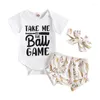 Conjuntos de roupas para bebês meninas 3 peças roupas de verão manga curta macacão estampa de beisebol shorts conjunto de faixa de cabeça