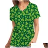 Womens T-Shirt Women T Shirts Non-Positioning St. Patrick Leaf Print Short Sleeve Carer Top V Neck Summer Tops Fashion Loose Tee Shirt Otn9W