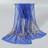 Шарфы 170x60 см, шифоновый длинный блестящий тонкий кашне, Золотая шаль с принтом павлина, шаль жоржет, одноцветный хиджаб
