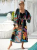 Bohemian Printed Belt Kimono Plus Size Batwing Sleeve Dress Summer Autumn Women Loose Beachwear Baddräkt täcker Sarong Q1 240315