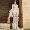 Women's Two Piece Pants Handmade Mesh Embroidered Sequin Set White Designer Suit Coat And Pieces Blazer Punk