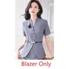 Vestido de duas peças moda verão cinza blazer feminino saia ternos jaqueta de manga curta senhoras trabalho wear conjunto estilo uniforme de escritório (sem cinto)