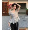 Dames blouses shirts v necy puff puff mouw verbanden zomers vouwen slanke taille tops dames vintage print Chinese stijl chemise femme y2k druppel otwps