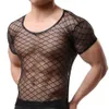 Night Club Sexiga män Kort ärmmask T-shirt Sökning Fit OpenWork Top Mesh T-shirt se-Through Fit OpenWork Top Mesh T-Shir O7RS#