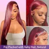 Aoque 99j Bury Front Pre Plucked 180% Density 13x4 Straight Hd Lace Frontal with Baby Human Hair Wigs for Women Red Wig 24inch