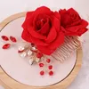 Hair Clips Red Rose Flower Combs Luxury Pearl Crystal For Women Prom Pageant Bridal Wedding Accessories Jewelry Pin Clip Comb