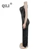 Lässige Kleider QILI-Sexy Durchsichtiges Strasskleid Spaghettiträger Transparentes Netz Elegante Dame Vestidos