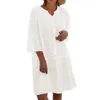Casual klänningar vit sommar för kvinnor ihåliga ut semester hög midja rufsad klänning 3/4 hylsa lös virkning strandskjorta