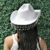 Hats Fashion Rhinestone Fringe Cowgirl Hat Solid Color Western Cowboy Cap z regulowanym sznurkiem szerokim brzegi jazzowy czapkę