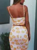 Tweedelige jurk dames rok set bloemenprint trekkoord hemdje met lange split zomeroutfit