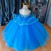 2024 Blue Little Girls Birthday Dresses Communication Dress Flower Girls Dresses Tiered Tulle Appliqued Lace Beaded Short Sleeves Kids Gowns For Occasions NF169