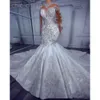 Plus Ebi Arabic Aso Size Ivory Mermaid Wedding Dress Beaded Crystals Lace Sheer Neck Bridal Gowns Dresses ZJ Es Es