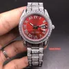 BOUTIKE Herrarna av hög kvalitet Iced Diamonds Watch Red Face Watch Silver rostfritt stål diamantfodral automatisk mekanisk klocka291m