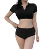 Mulheres Swimwear Mulheres Duas Peças Terno de Banho V Neck Traje de Natação Incluindo Top Colheita e Parte Inferior de Controle de Barriga