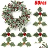 Flores decorativas grinaldas 50/5pcs folhas artificiais de azevinho flores vermelhas flores para diy guirlanda de natal ornamento presentes casa ano decoração otgub