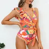 Mulheres Swimwear 2024 Retro Flor Impresso Ruffled One Piece Swimsuit e Saia Verão Mulheres Beachwear Maiô