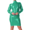 Robes décontractées Col roulé Brillant PVC Cuir À Manches Longues Fête Moulante Robe Au Genou Wetlook Solide Couleur Gaine Club Streetwear 7XL