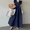 Casual Dresses Women Loose Denim Ruffles Short Sleeve Long Dress Holiday V-Neck Summer Maxi Robes Longues