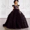 Mädchenkleider Weiß/Schwarz Blumenkleid für Hochzeit Tüll Puffy Federapplikationen mehrlagig Kindergeburtstagsfeier Erstkommunion Ballkleid