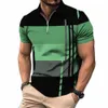 mäns zip polo skjorta 3d stripe tryck fi kläder sommarbusin casual t-shirt herr polo skjorta zip kort ärmgata topp o7os#