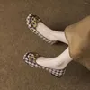 Sapatos casuais moda francês houndstooth único 2024 primavera verão retro cabeça quadrada feminina