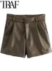 Traf Women Mode Faux Leder Shorts High Taille Seitentaschen Vintage Reißverschluss Fliege weibliche Weitbein Shorts Streetwear Ropa 240321