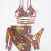 Traje de baño para mujer 2024 Conjunto de 3 piezas Traje de baño Mujeres Tanga Sexy Micro Bikini con falda Sarong Estampado étnico Ropa de playa Traje de baño