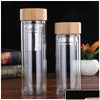 Vattenflaskor Portable Bambu Lid Cups Dubbel Walled Glass Tea Tumbler Siler Infuser Basket Transparent VT1805 Drop Delivery Home DHPQU