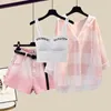 Fashion Tie-dyed Shorts Sunscreen Plaid Shirt Pink Bra Three-piece Elegant Womens Pants Set Summer Outfits Tracksuit for 240311