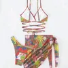 Damenbadebekleidung 2024 3-teiliges Set Badeanzug Frauen Tanga Sexy Micro Bikini mit Sarong-Rock Ethnischer Druck Beachwear Badeanzug