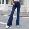 Damenjeans Mode Stretch für Frauen hohe Taille Weitbein elastischer Spleißen ausgestaute Hosen Streetwear Denimhose Hose