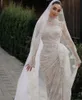 겸손한 아랍어 풀 레이스 인어 웨딩 드레스 높은 목 긴 소매 주름 우아한 신부 가운 맞춤형 무슬림 신부 드레스