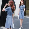 Party Dresses 2024 Casual Korean Fashion Denim Dress for Women Summer Shirt Lapel Kort ärm Loose Office Ladies Jeans Vestidos