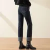 Zwarte pluche jeans met rechte pijpen voor dames 2023 winter nieuwe hoog getailleerde loszittende afslankende en omgedraaide negenpuntsrookpijpbroek