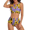 Women's Swimwear Sunflower Love Bikini Set Yellow Flowers Print Push Up Swimsuit Sexy High Waist Surf Graphic Funny Bathing Suit