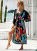 Bohemian Printed Belt Kimono Plus Size Batwing Sleeve Dress Summer Autumn Women Loose Beachwear Baddräkt täcker Sarong Q1 240315