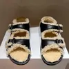 Sandals Winter Leather Inside Fur Flats Women Peep Toe Buckle Strap Shoes Brand Warm Casual Daily