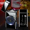 Lighters New Metal Clock Dual Arc Lighter LED Display USB Rechargeable Portable Flameless Lighter Outdoor Camping Flashlight Mens Gifts 240325