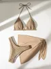 Kvinnors badkläder Khaki Texture Tyg Swimsuit Kvinnor Solid färg 3-stycks strandmask kjol Bikini Set High midje triangel Suspender 2024