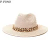 Chapeaux à larges bords Chapeaux de seau Chaîne en or à la mode avec chapeau de paille Panama adapté aux femmes été respirant chapeau de soleil de plage élégant chapeau de jazz de fête pour femmes J240325