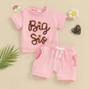 Pudcoco Mädchen Sommer 2PCS Shorts Sets Kurzarm Brief Blume Stickerei Tops Einfarbig Schwester Passenden Outfits 240314